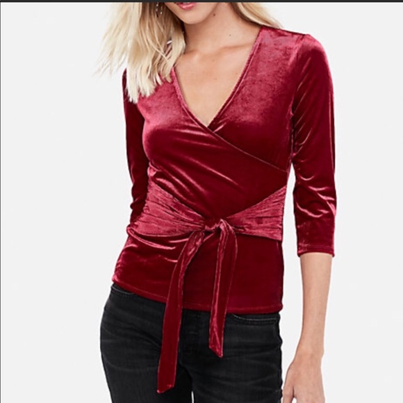Express Tops - Express Velvet Wrap Blouse in Deep Red